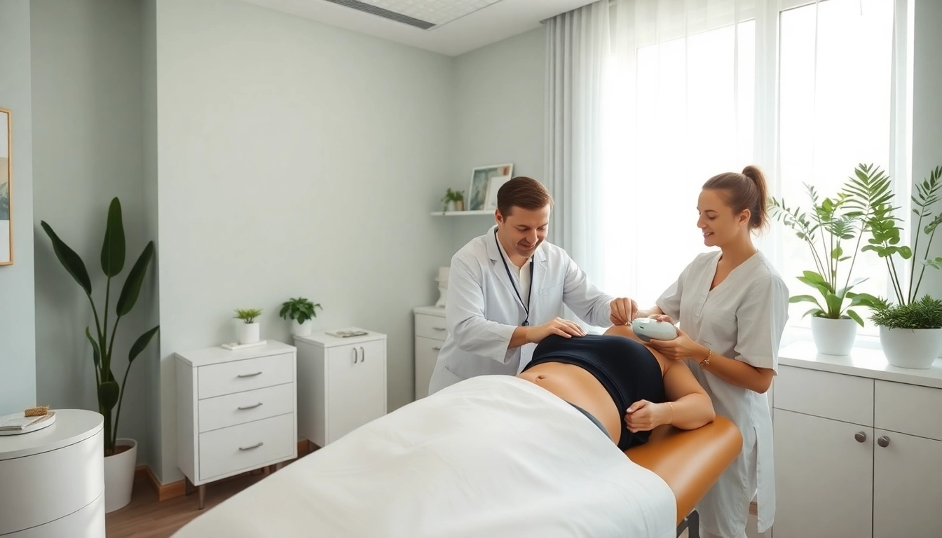 Experience noninvasive lipo in a modern clinic with a practitioner and patient during a treatment session.