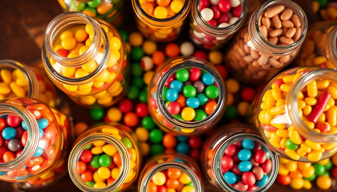 Discover delicious treats at our candy store near me, featuring vibrant glass jars filled with assorted candies.