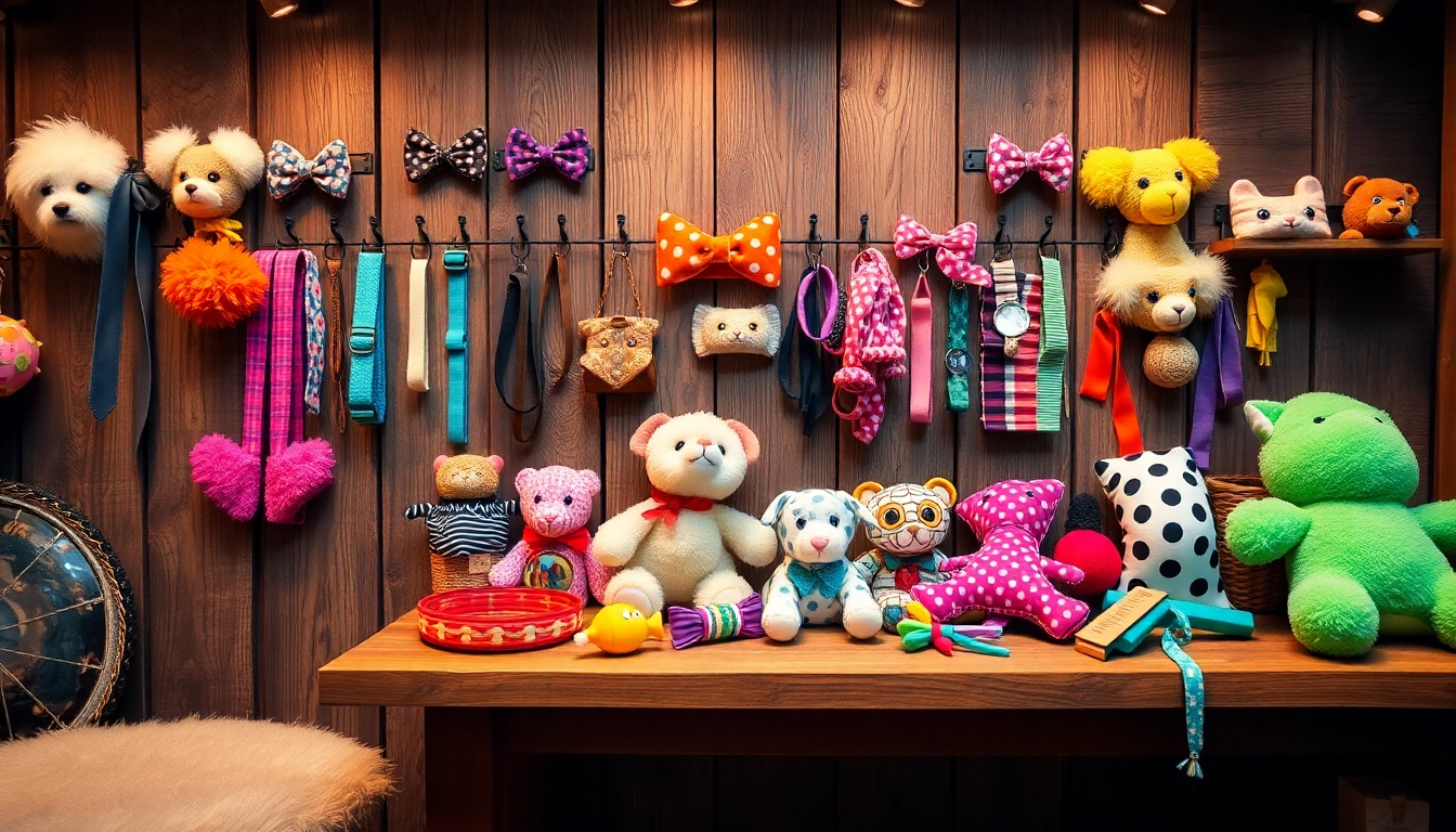 Showcase of vibrant pet accessories, including collars and toys, enriching pets' lives.