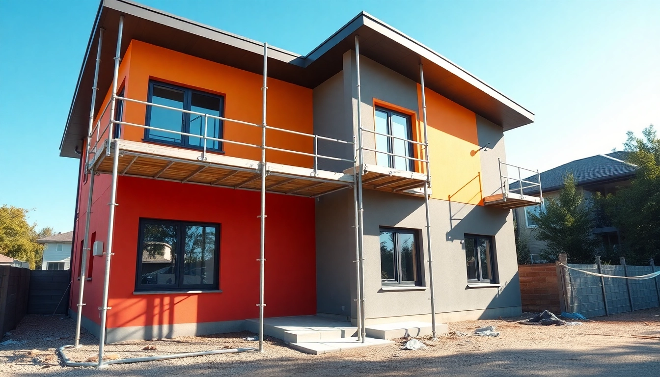 New Home Construction near me showcasing a modern home being built with scaffolding.