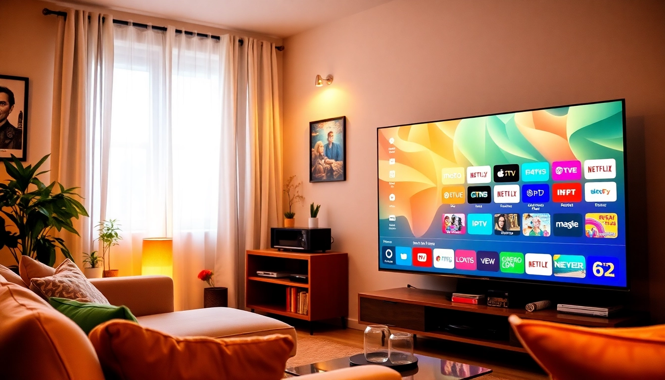 Experience IPTV Suisse with an engaging modern TV setup in a cozy living room.