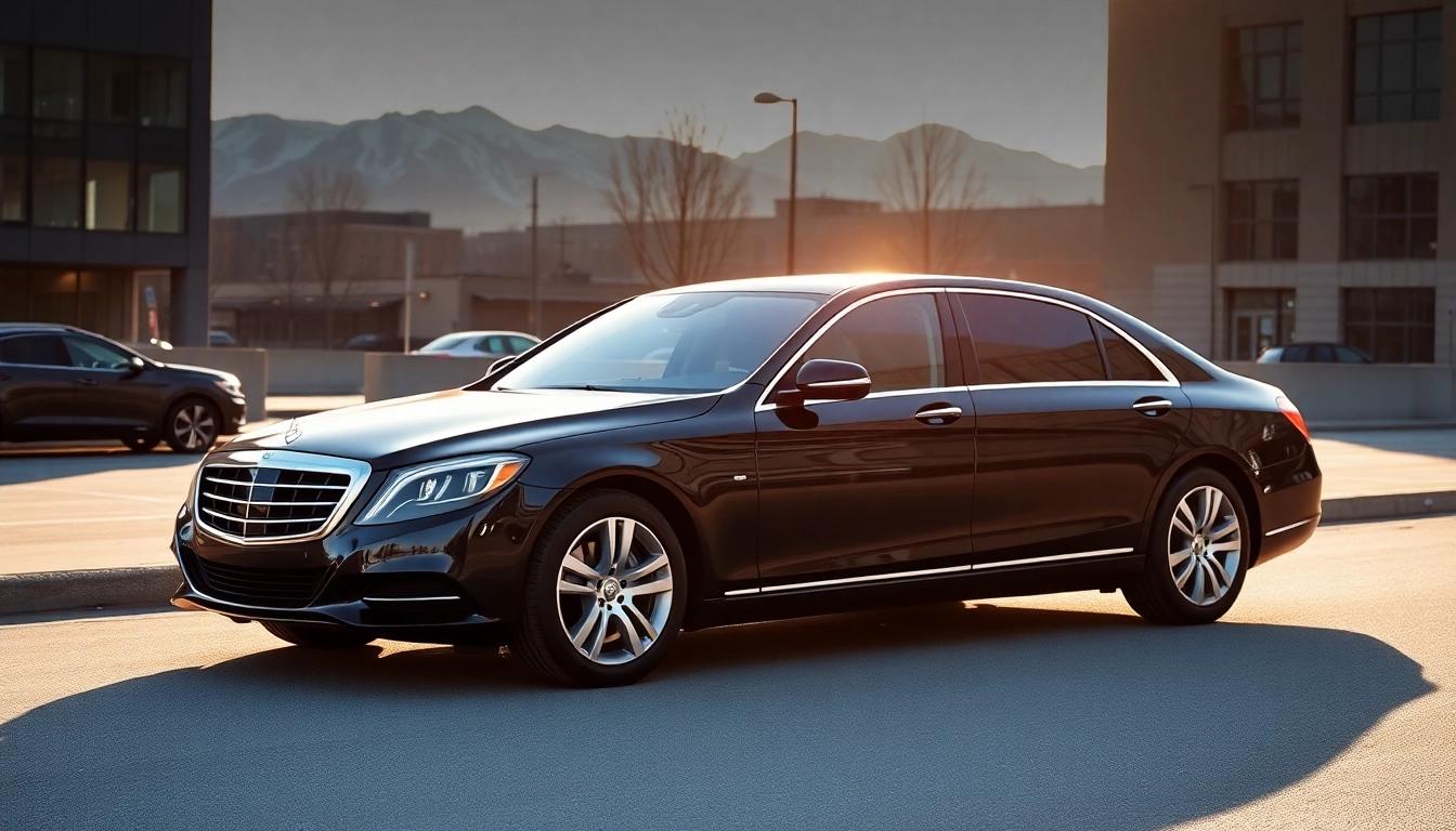 Experience professional chauffeur service Anchorage with a sleek black sedan in a scenic, mountain backdrop.