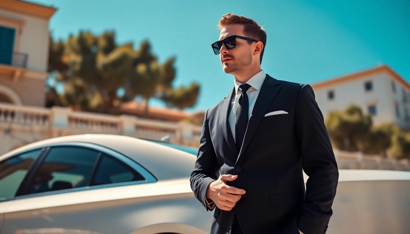 Hire a professional car with driver in Messina, featuring a smiling chauffeur beside a luxury sedan.