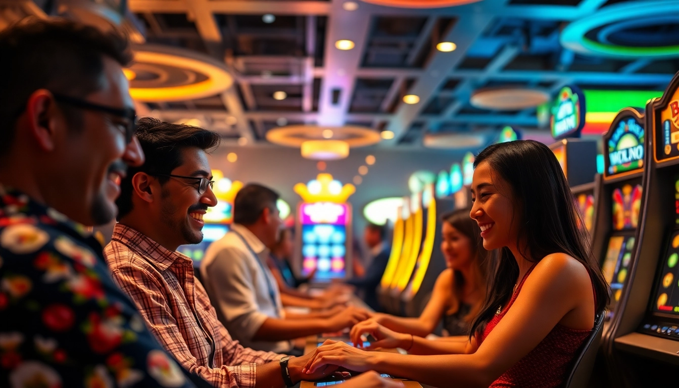 Experience the thrill of an online casino game with players enjoying a vibrant gaming atmosphere.