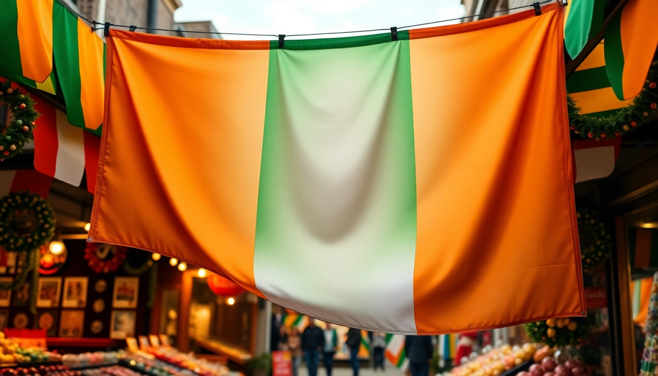 Showcase a festive banner in Ireland, highlighting its vibrant colors and lively market atmosphere.