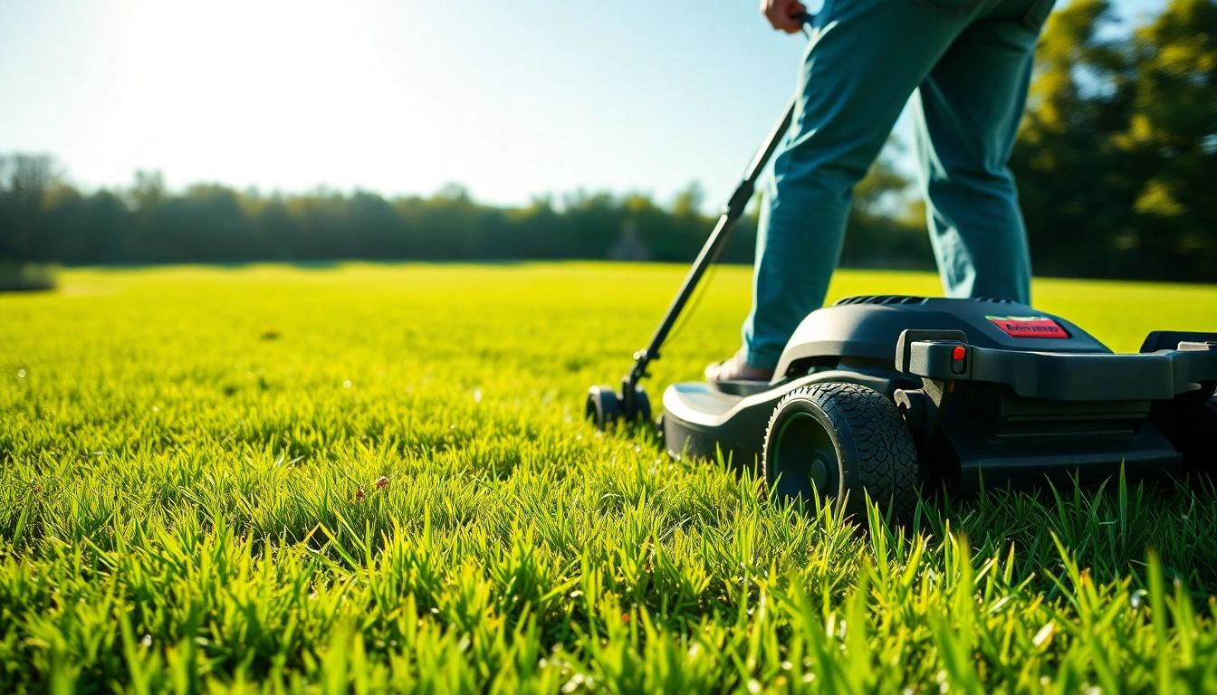 Lawn mowing in action with a professional maintaining a lush green garden under bright morning light.