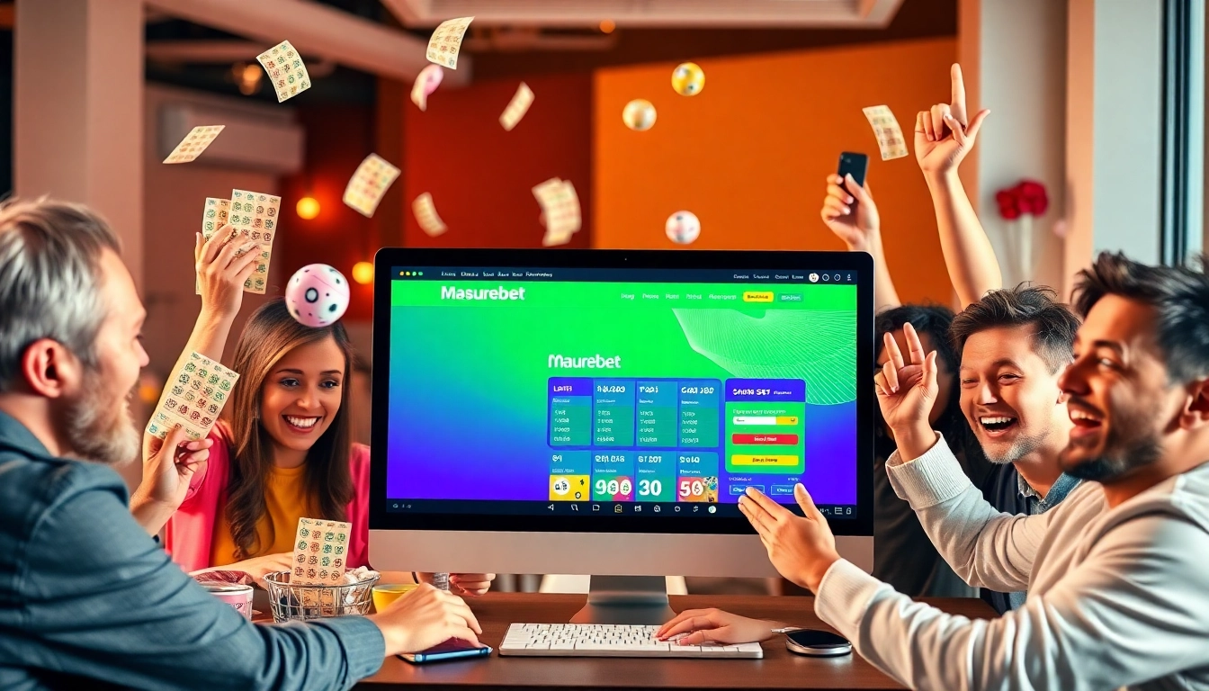 Join the excitement of มาชัวร์เบท online lottery with colorful tickets and happy winners celebrating their victories.