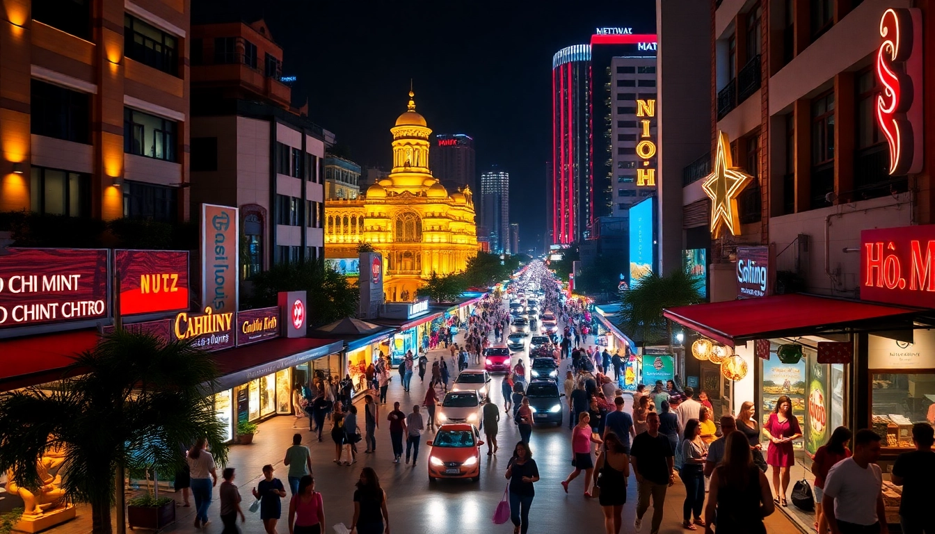 Book your 호치민 황제투어 예약, featuring a vibrant night scene in Ho Chi Minh City with excited tourists.