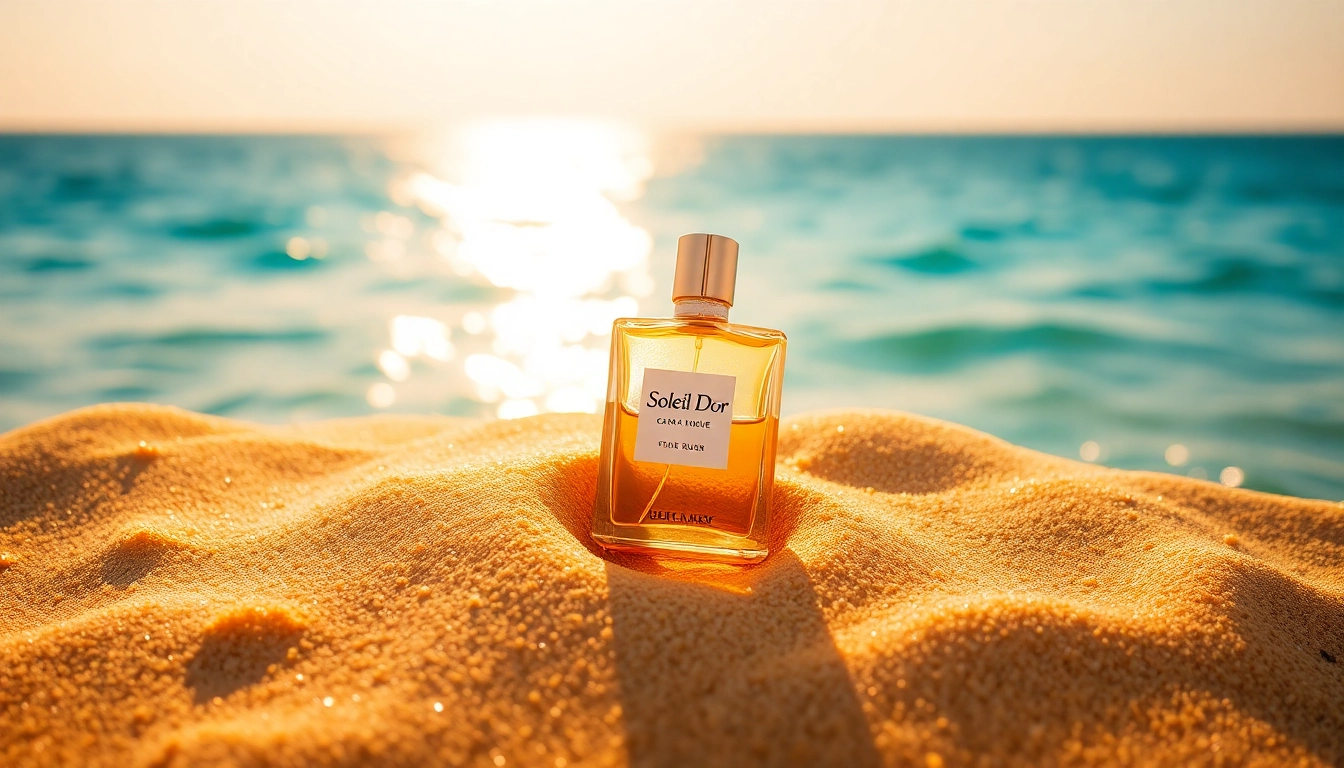 Soleil Dor perfume bottle beautifully showcased on a sandy beach under bright sunlight, evoking a luxurious and vibrant mood.