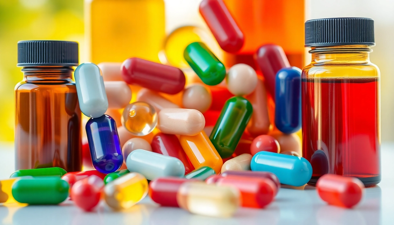 Showcase an array of dietary supplements in vibrant capsules on a bright background.