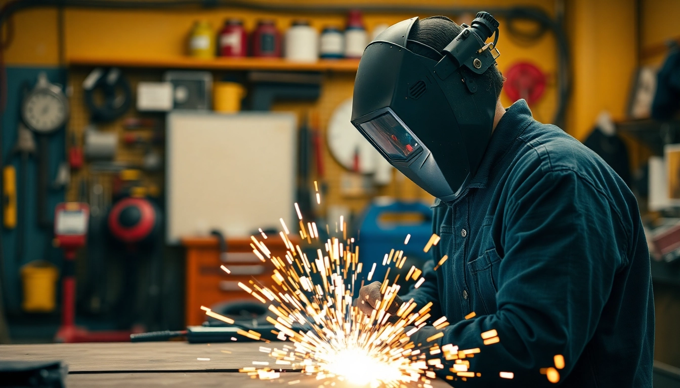 Welding supplies in action as a welder expertly uses tools, creating sparks in a vibrant workshop environment.