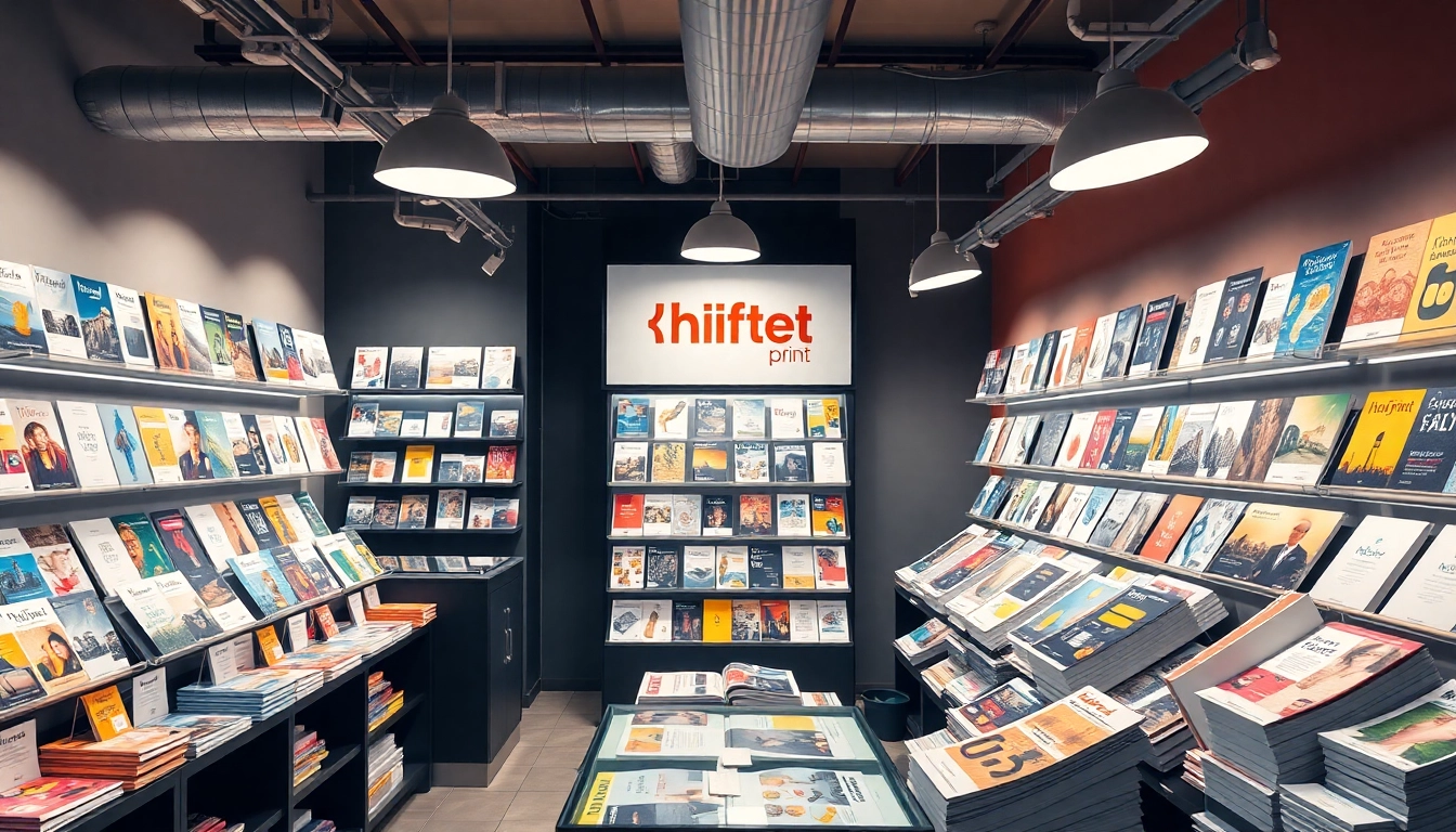 Showcasing hæfte print services with vibrant booklets in a modern print shop environment, highlighting quality and professionalism.