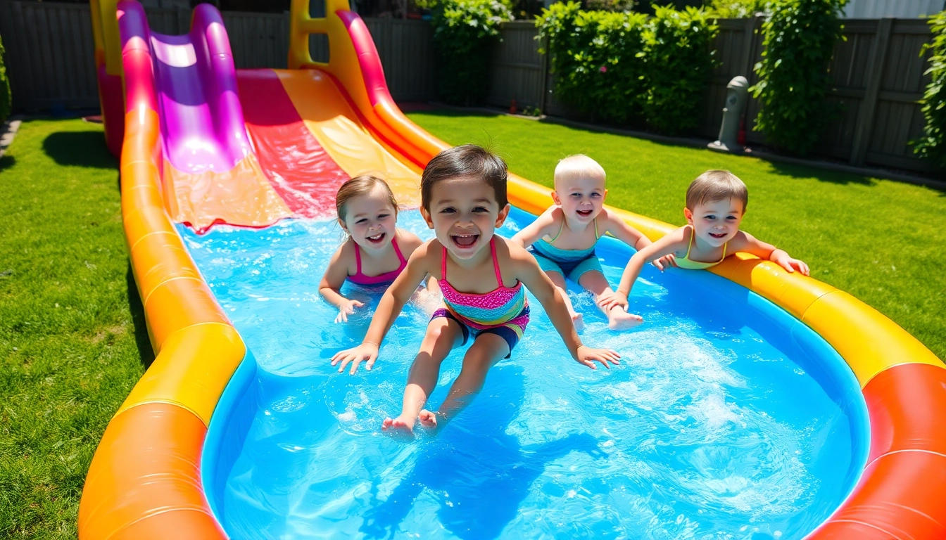 Children enjoy sliding down a Slip a Slide, creating splashes of water and laughter in a vibrant backyard.