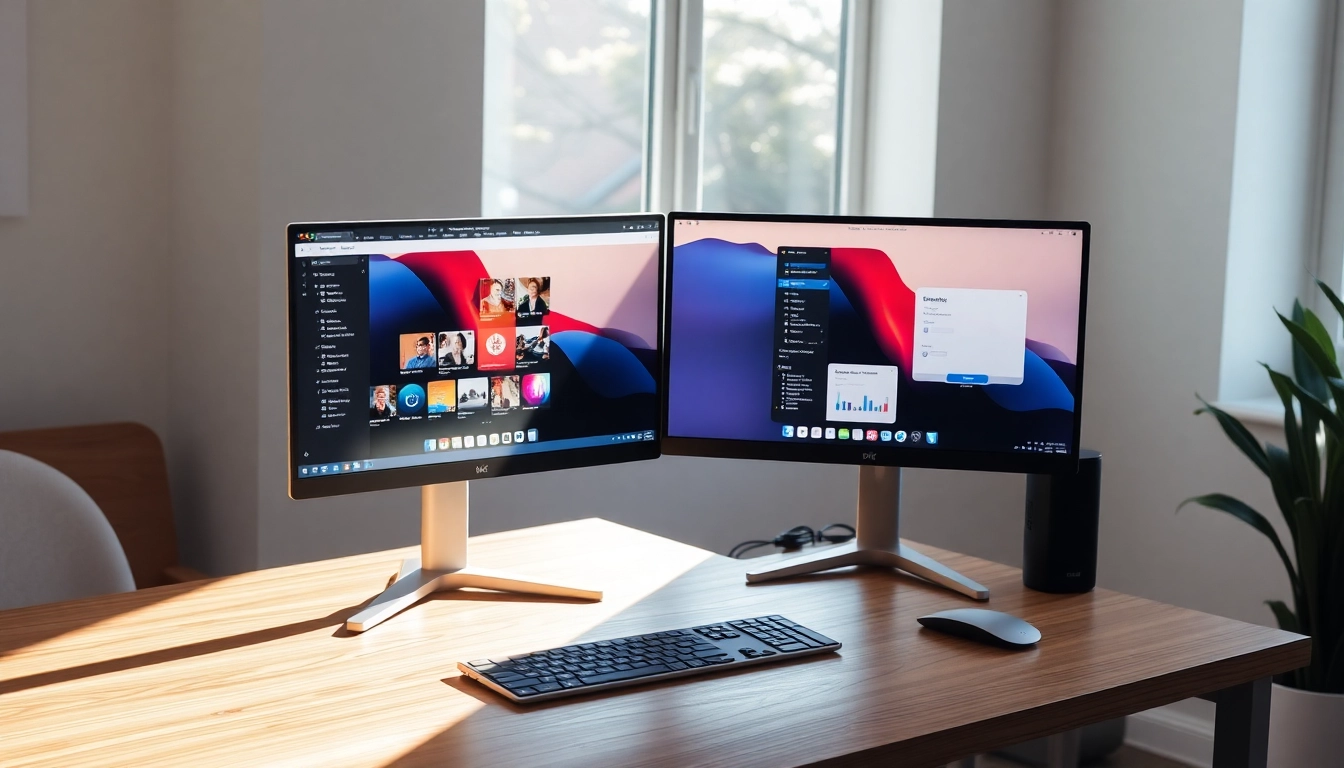 Setting up a dual monitor install on a modern desk to enhance productivity with organized workspace.