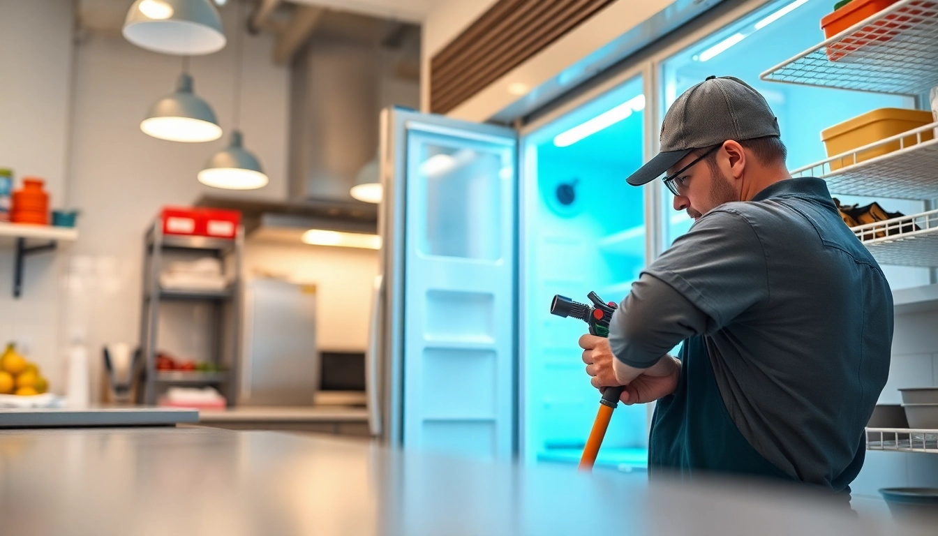 Technician performing walk in cooler repair in a commercial kitchen environment, showcasing tools and equipment.