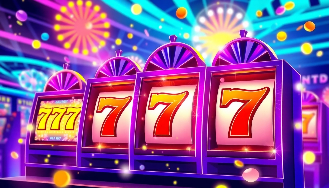 Engaging scene of สล็อต777 slot machines with colorful lights in a lively casino setting.