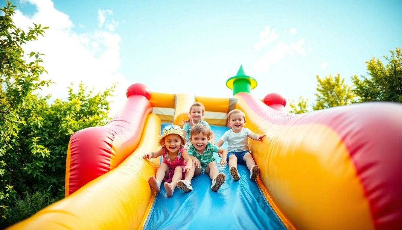 Children enjoying a fun slide rental at a birthday party, showcasing excitement and colorful inflatables.