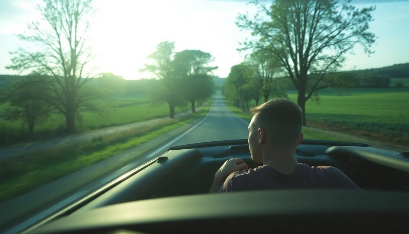 Person experiencing fear of driving while sitting in a car on a tranquil countryside road.