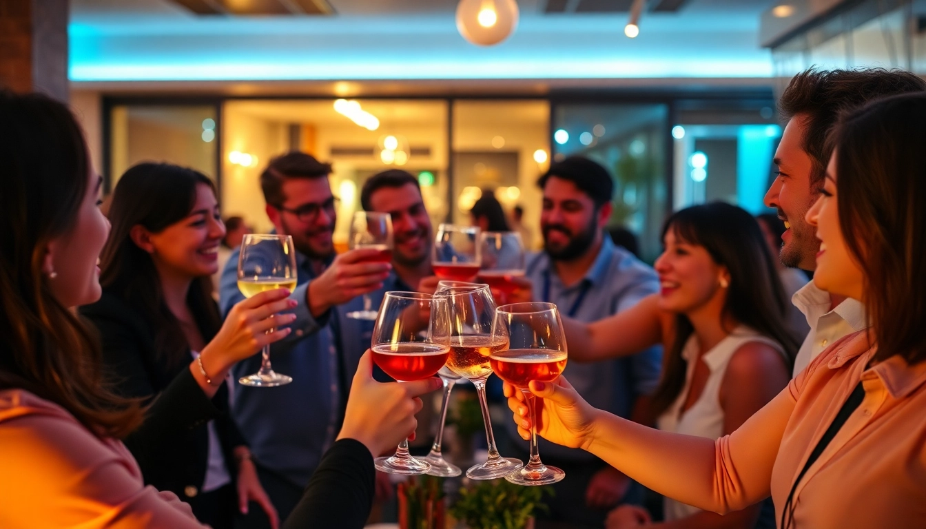 Colleagues celebrating at an After Work Party with drinks in hand, in a vibrant setting.