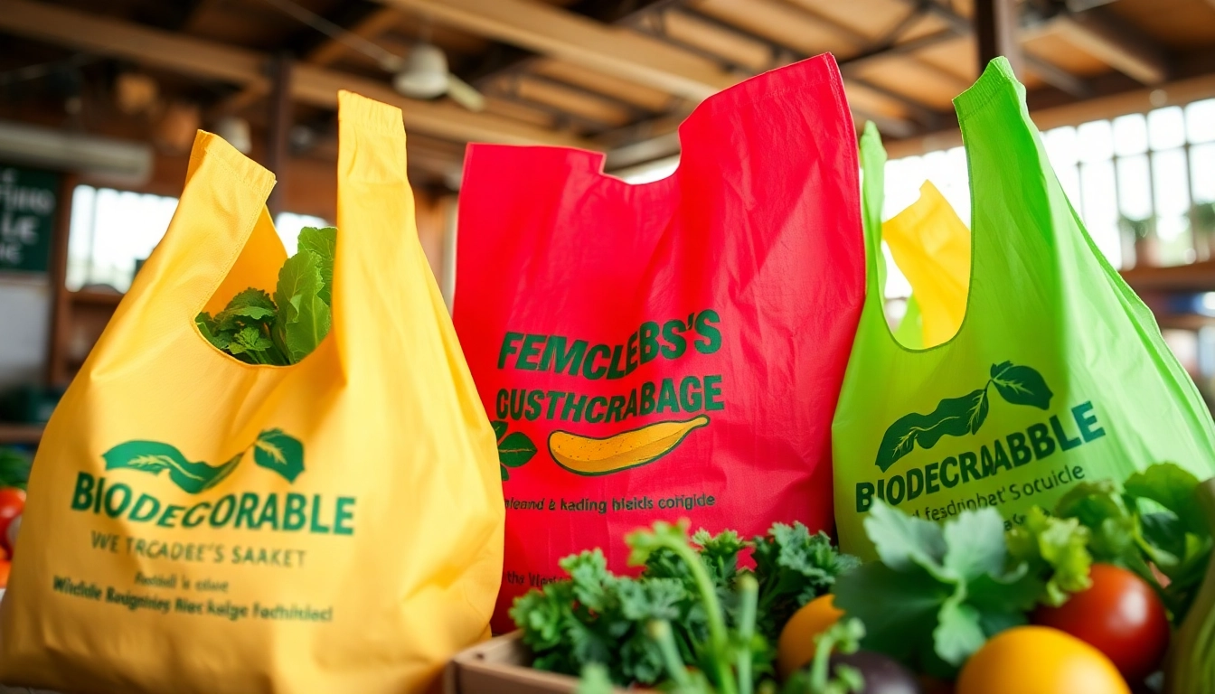 Showcasing biodegradable produce bags wholesale in a farmer's market, emphasizing eco-friendliness and durability.