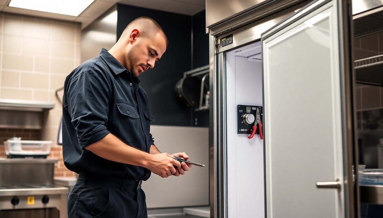 Technician performing walk in cooler repair in a commercial kitchen setting.