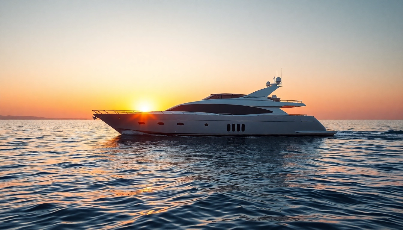 Sailing a stylish cruising boat on tranquil waters during sunset, showcasing its elegance and spacious design.