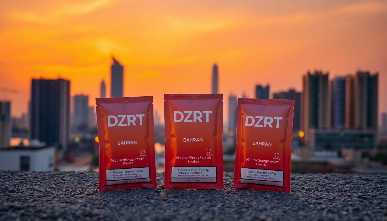 Showcasing DZRT Bahrain nicotine pouches beside the stunning Bahrain skyline at sunset.