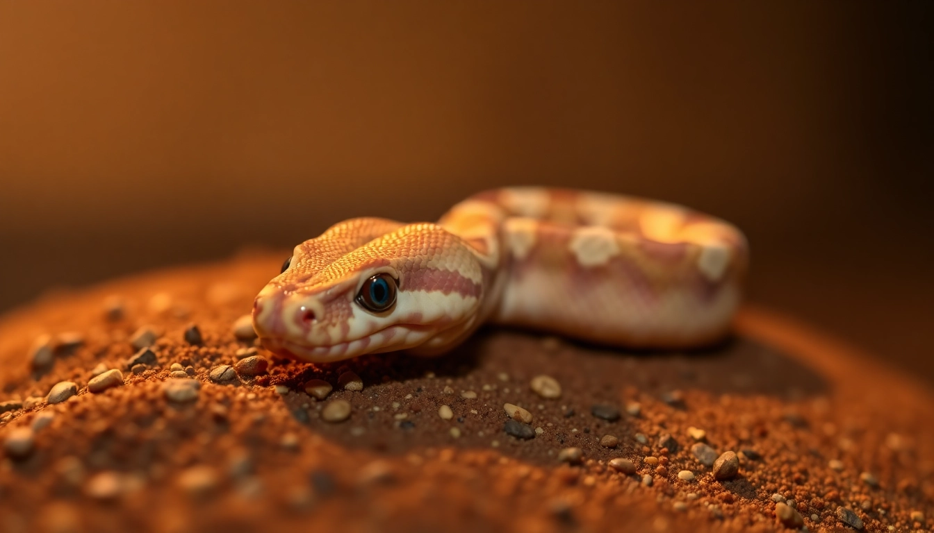 Adorable baby ball python resting on a natural substrate, showcasing its vibrant colors and patterns while basking in warm light.