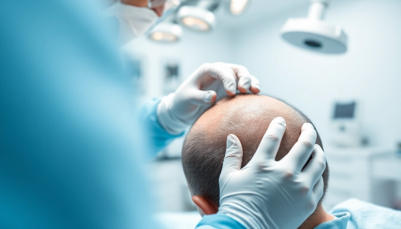 Surgeon performing a hair transplant procedure focusing on follicular unit extraction.