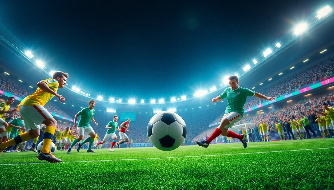 Watch ดูบอลออนไลน์ live action football match with energetic players and vibrant stadium lights.