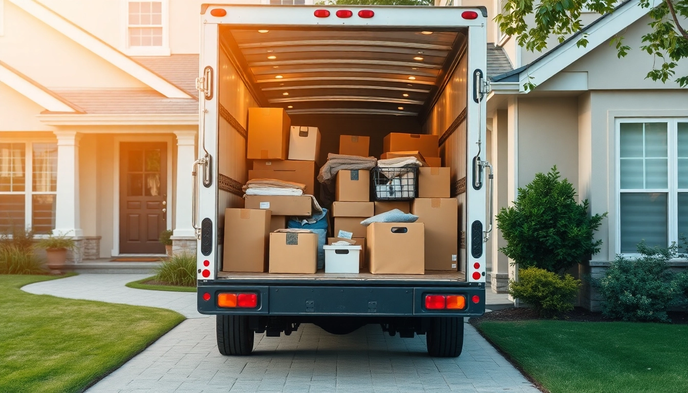 Fully loaded removals truck showcasing household items ready for transport outside a home.