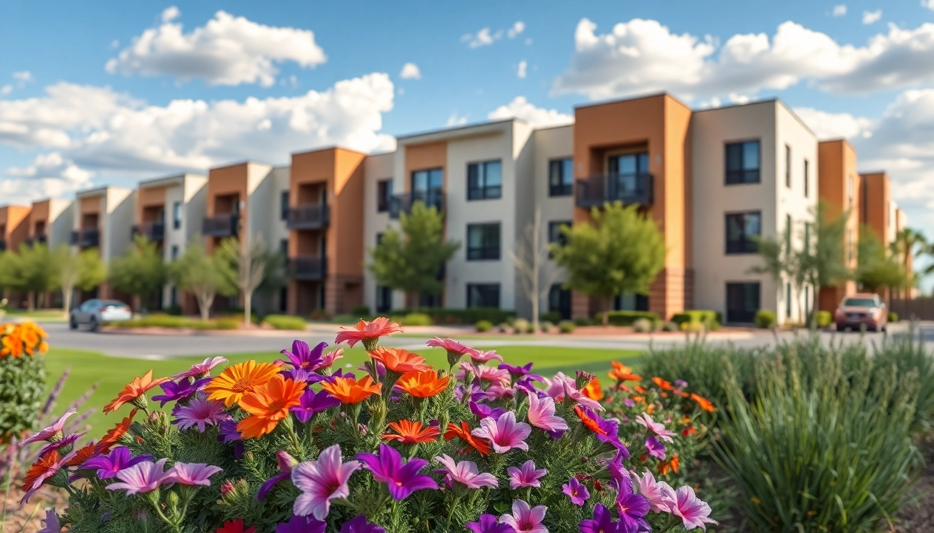 Bright modern apartments in El Mirage showcasing inviting landscaping and sunny skies.