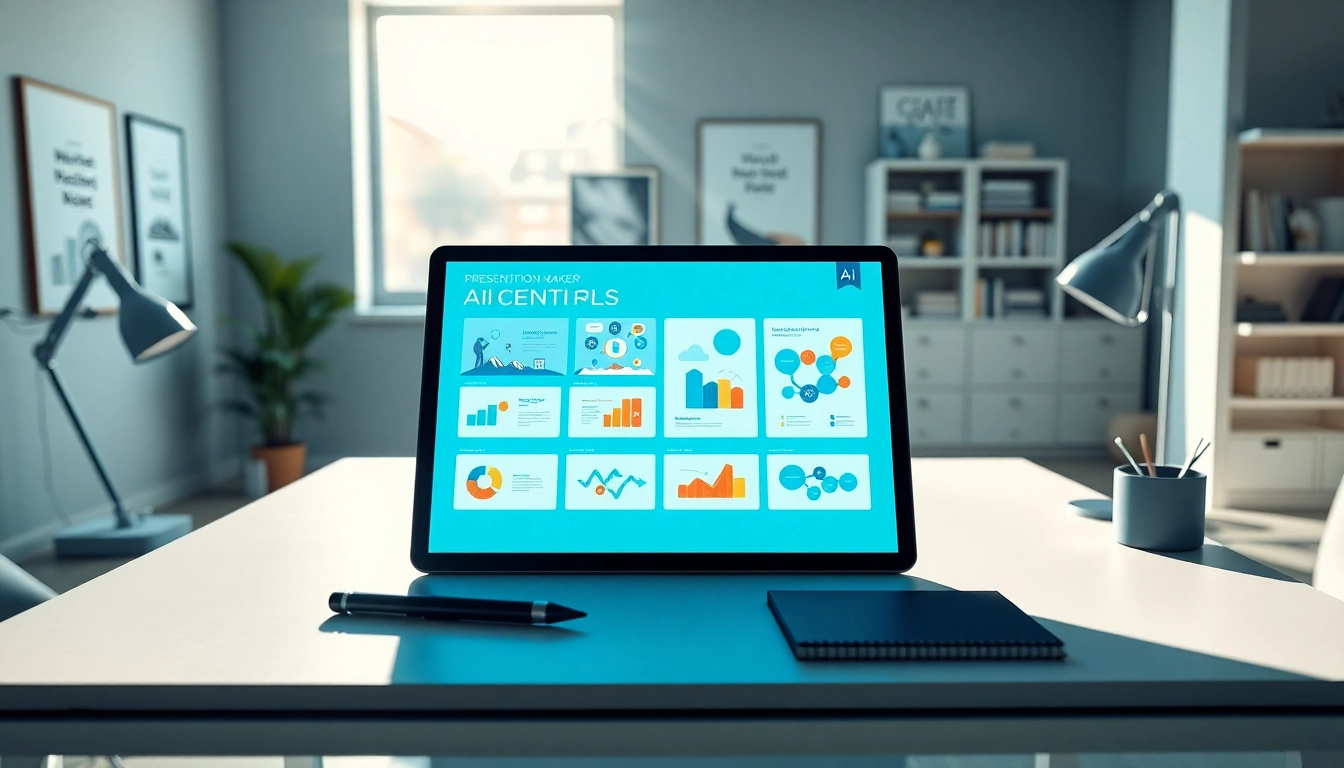 Engaging presentation maker AI displayed on a stylish tablet at an organized workspace.