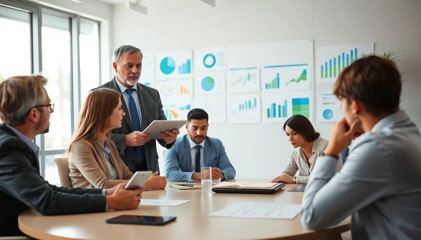 Crisis management consultant leading a strategic meeting in a modern office environment.