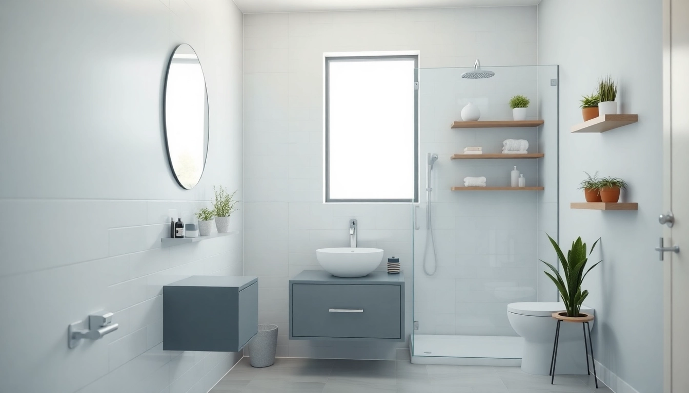 Beautifully modern small bathroom remodel with compact vanity and elegant shower design.