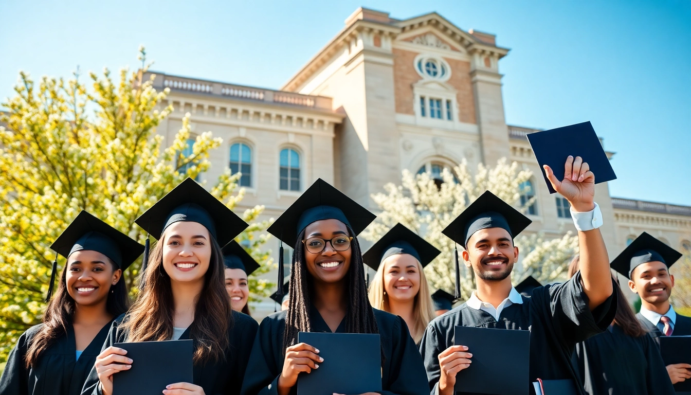 Buy UK degree graduates celebrating with diplomas in front of university.