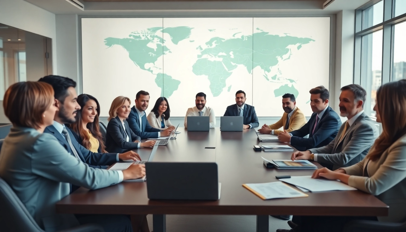 Business professionals discussing trade agreements in a vibrant conference room setting.