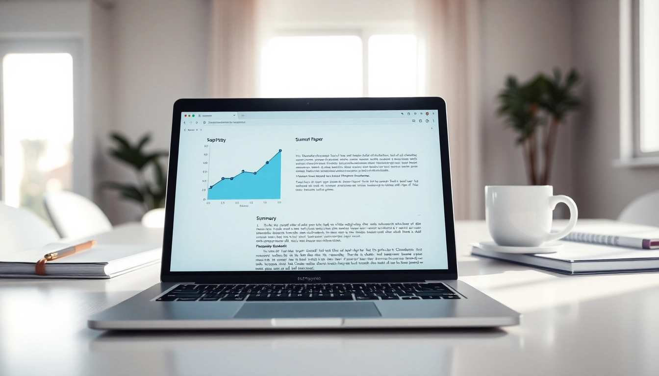 Utilize an AI summary of papers tool on a laptop for quick research insights.