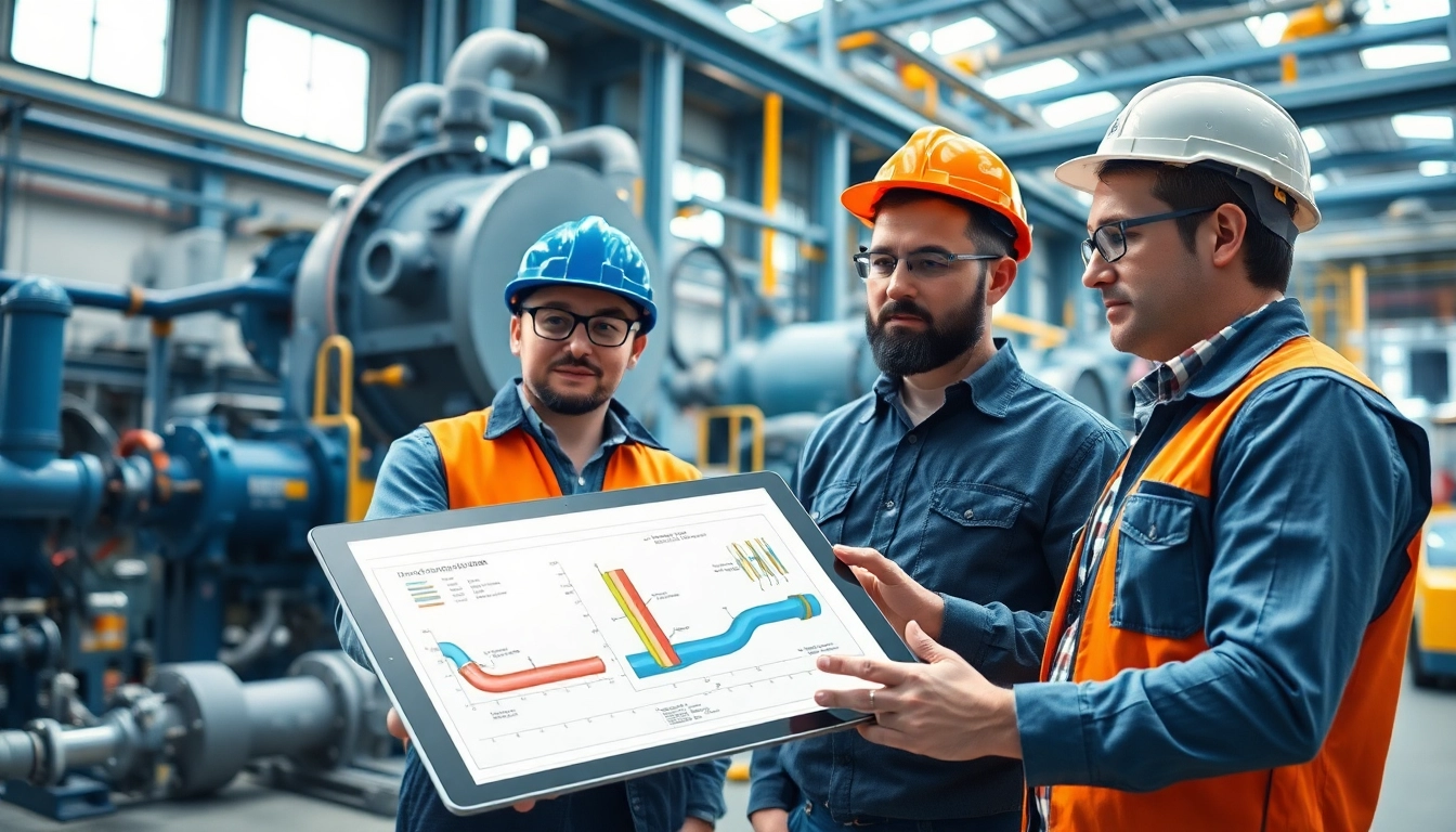 Engineers from a pipe stress Company analyzing piping systems in a modern industrial workspace.