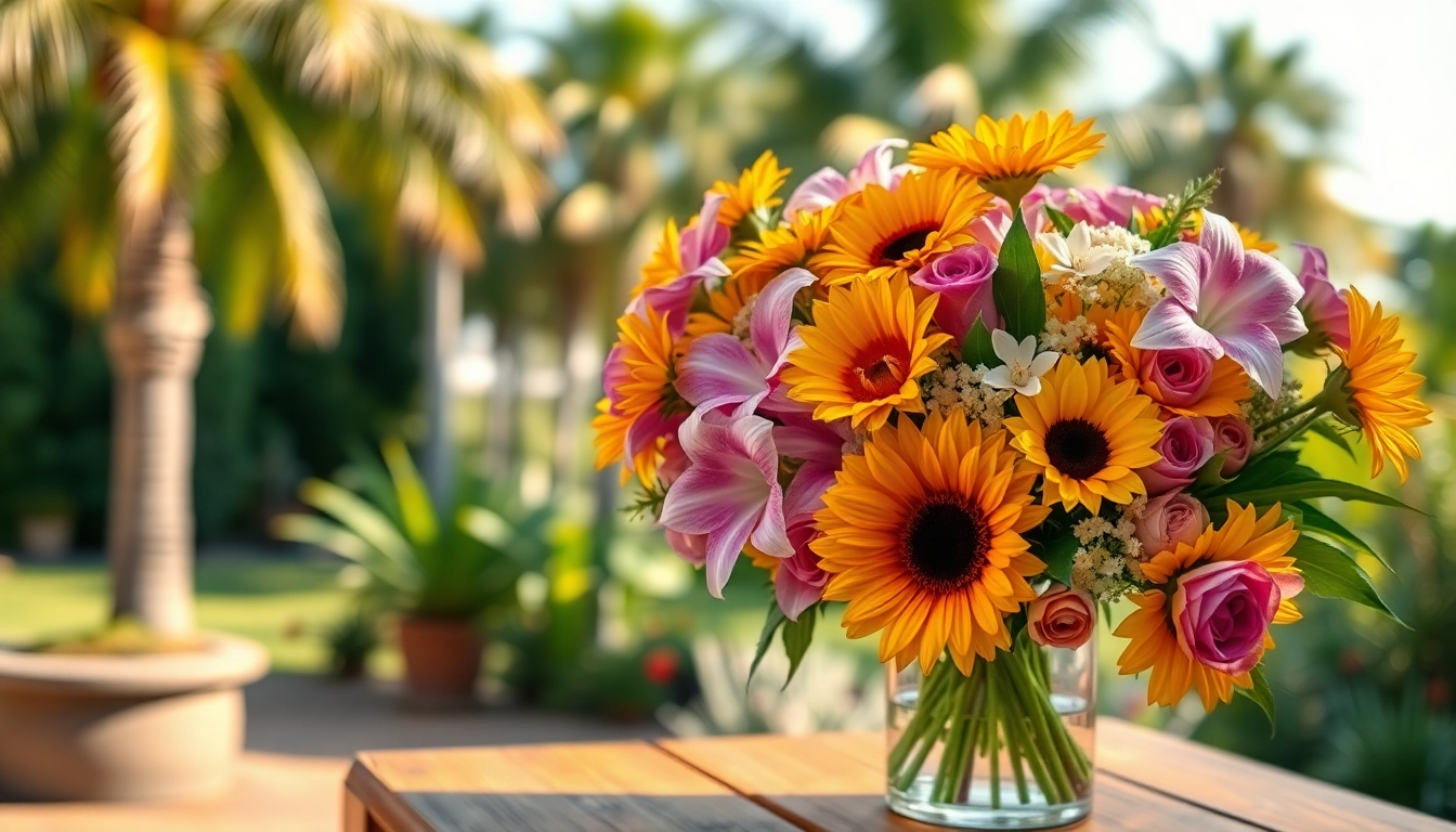 Brightly arranged Orange County flowers in a glass vase on a rustic table.