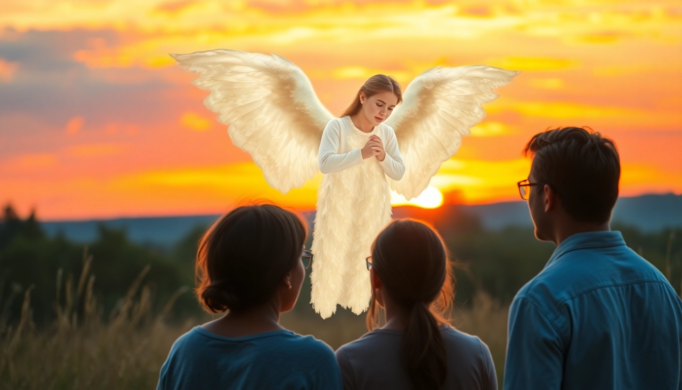 Discover the 333 meaning with an angel guiding a group in a peaceful sunset setting.