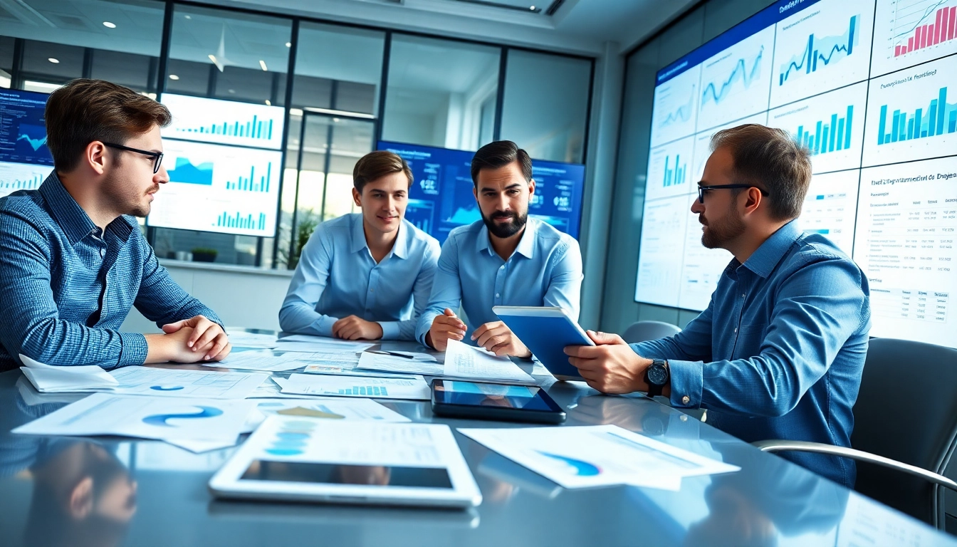 Conducting competitor analysis with a professional team in a modern office setting.