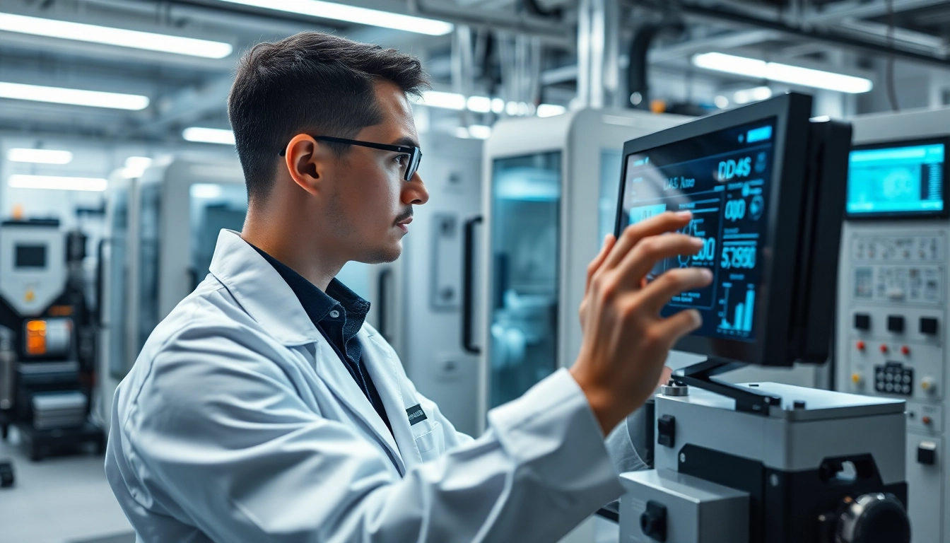 Analyze DAS 140 technology in an advanced lab with an engineer examining data.
