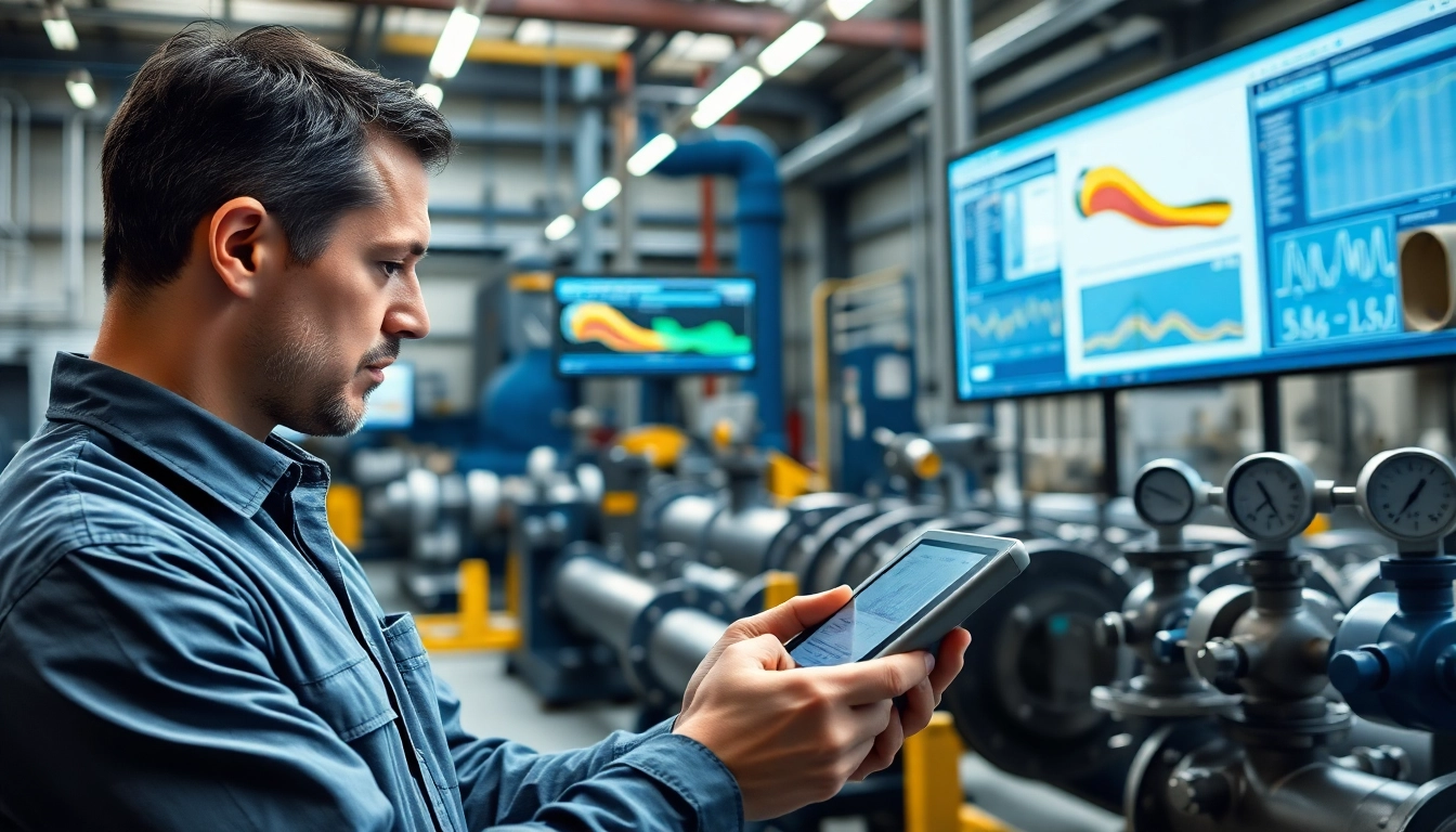 Engineer performing pipe stress analysis in a high-tech industrial environment with detailed schematics.