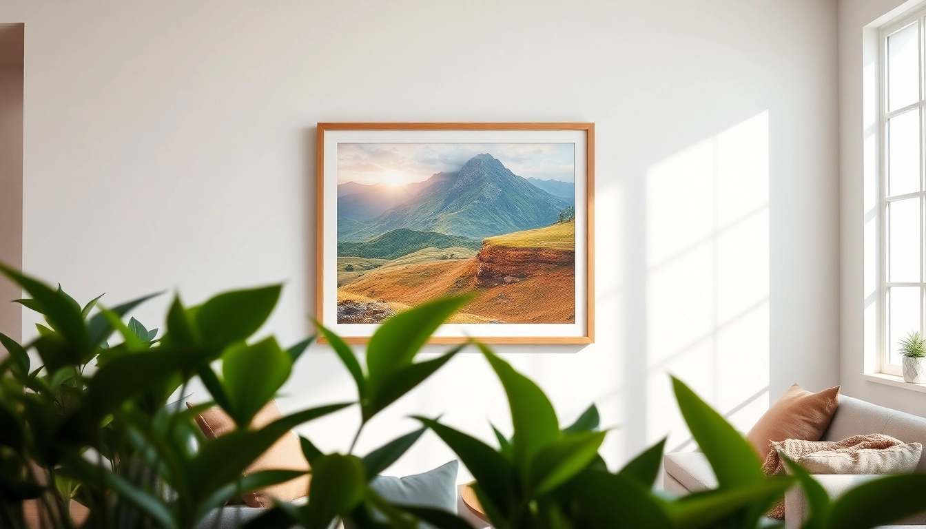Artfully displayed 24x36 frame featuring a landscape painting in a modern living room.