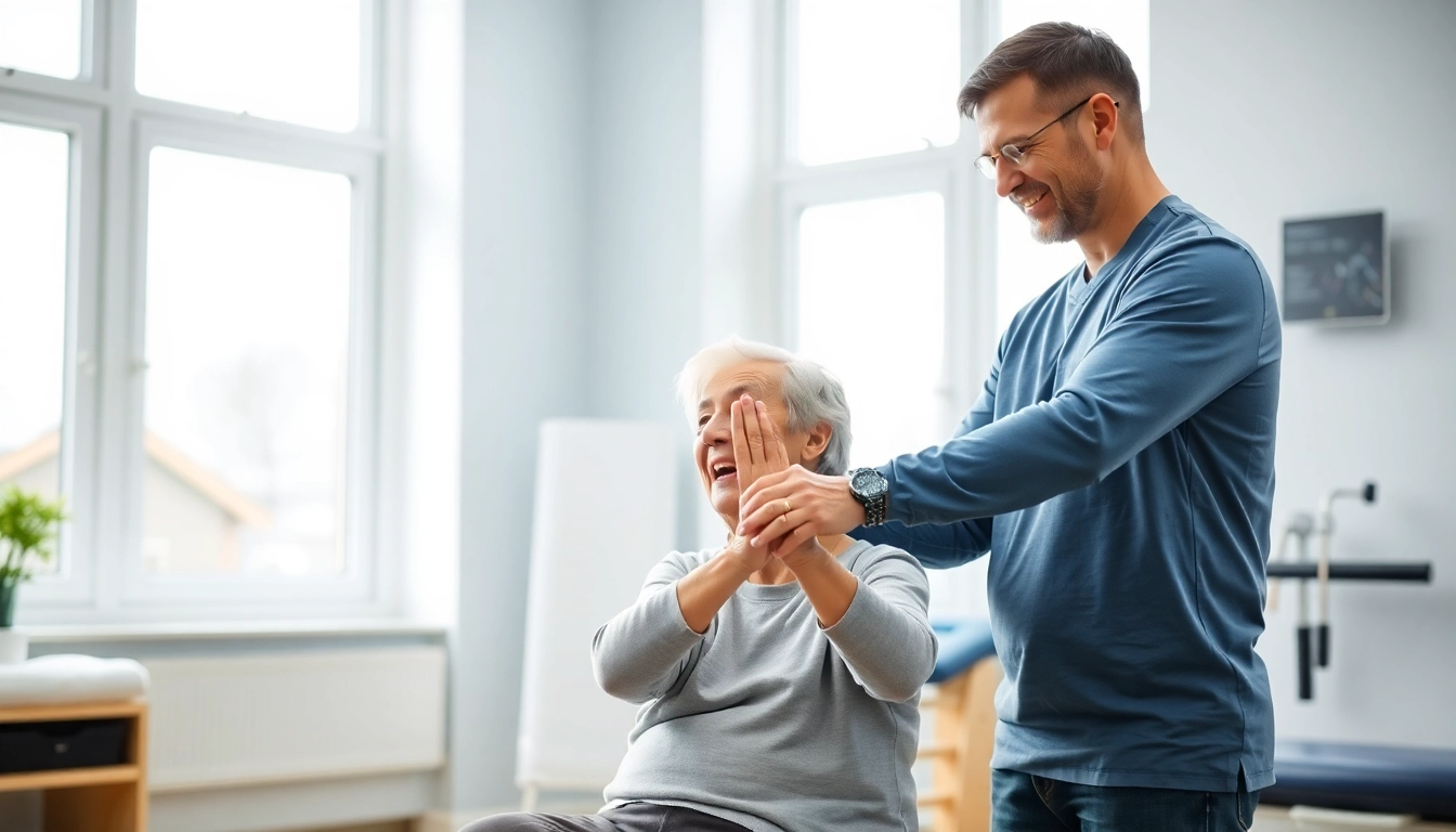 Senior physiotherapy Edmonton: A therapist guides an elderly client through a gentle exercise.