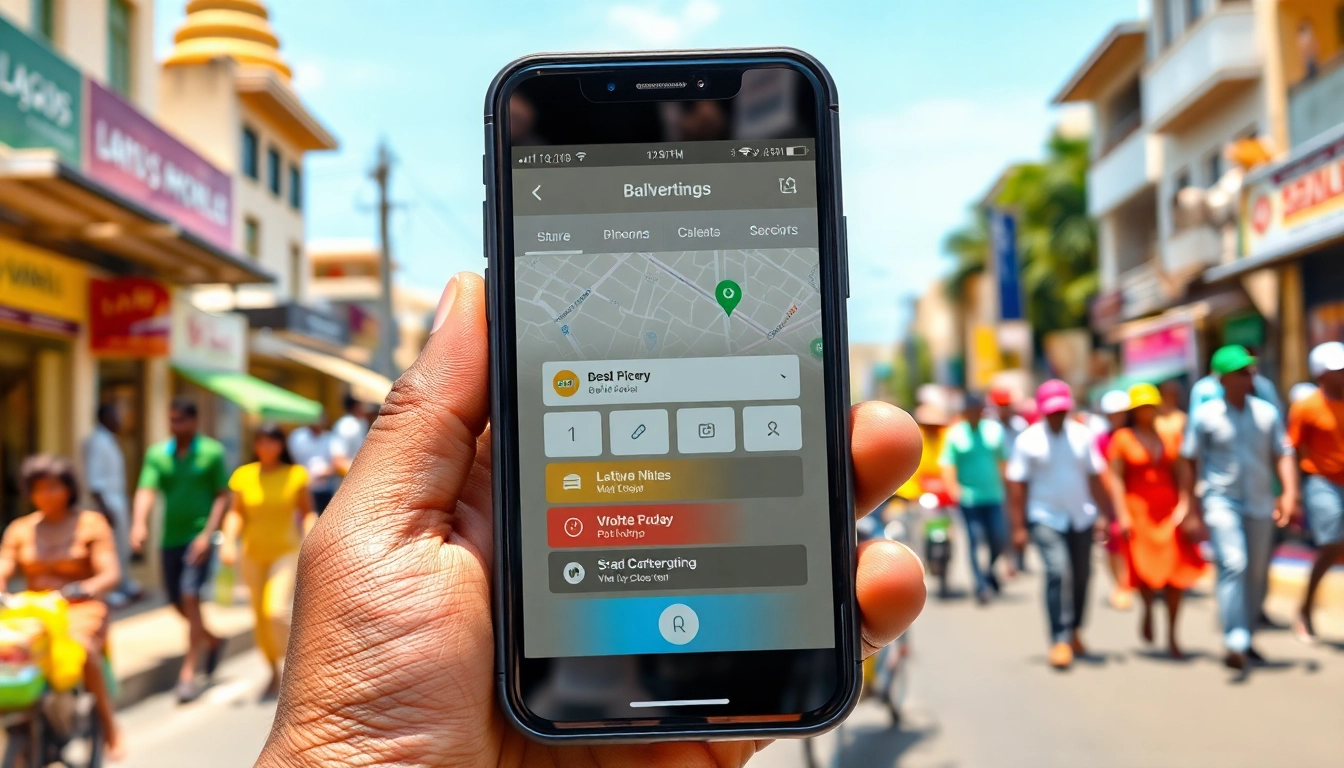 Showcasing delivery apps in Lagos through a smartphone within a lively urban scene.