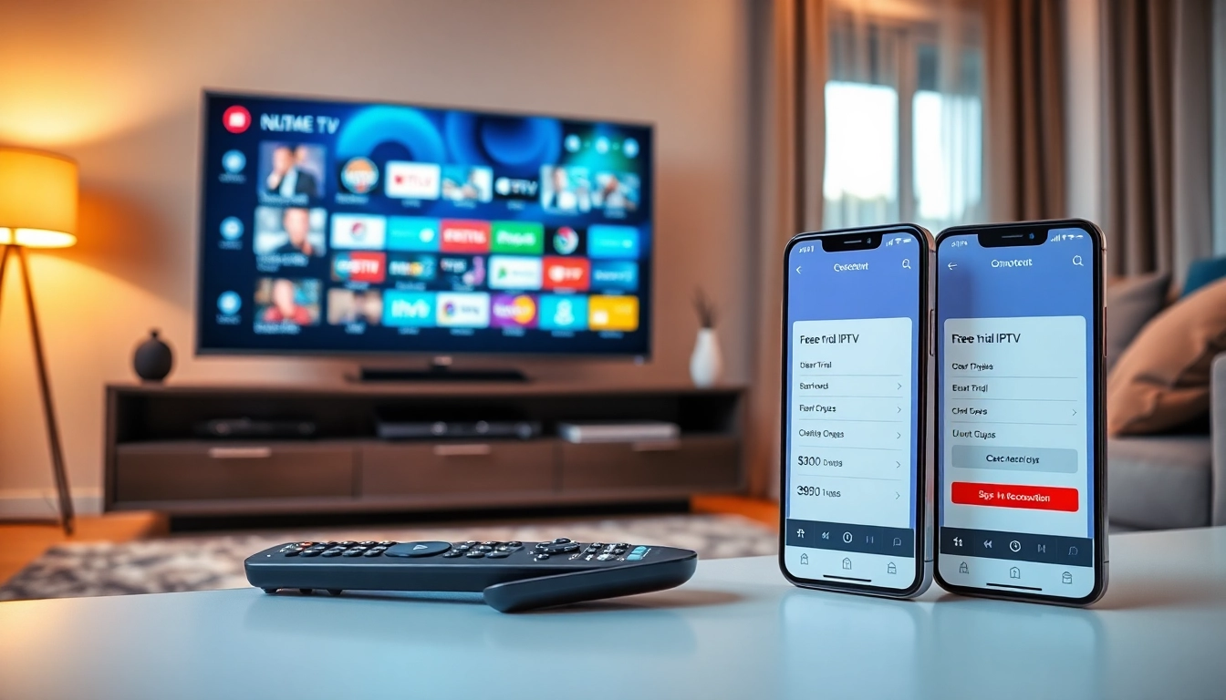 View of a modern living room showcasing a free trial IPTV subscription setup with a sleek interface.