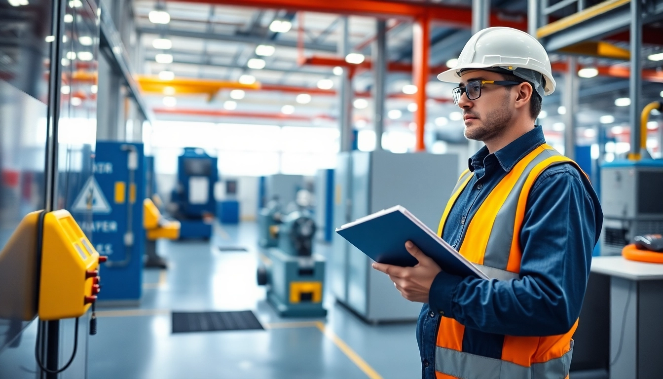 Workplace Safety Audit: Auditor inspecting machinery and reviewing protocols in a clean industrial setting.