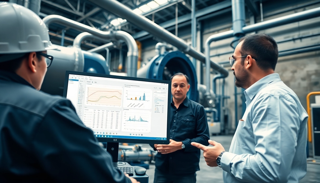 Engineers at a pipe stress Company analyzing stress data in a modern industrial setting.